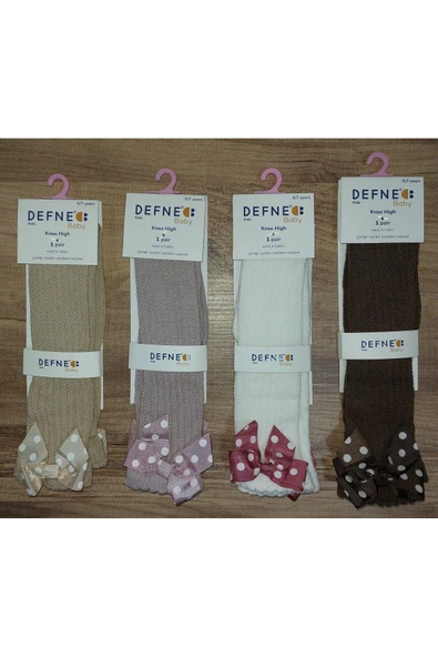 1 Adet Kız Çocuk Bej Puantiyeli Fiyonk Detaylı Desenli Dizaltı Çorabı - Resim 2