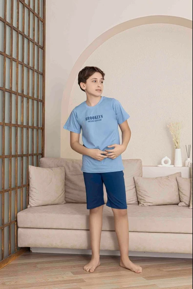 Erkek Çocuk  Mavi Desenli Şortlu  Pijama Takımı