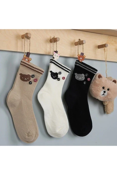 3 Adet Unısex Çocuk Panda Desenli Düğme Aksesuarlı Soket Çorap - 2
