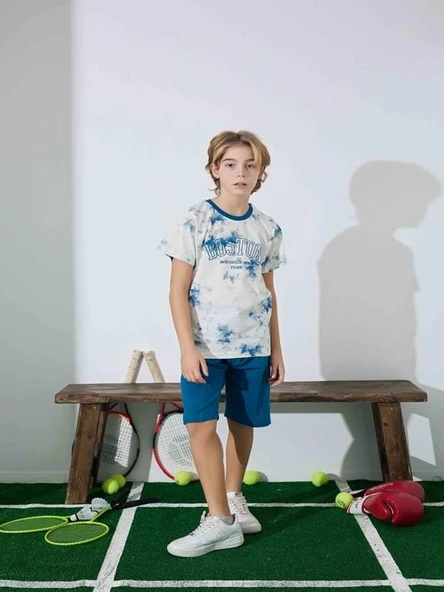 Erkek Çocuk  Mavi Desenli Şortlu Pijama Takımı - 2