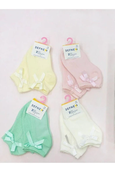 2 Çift Kız Çocuk Sarı Kurdeleli Detaylı Soket Çorap ürün görseli 1