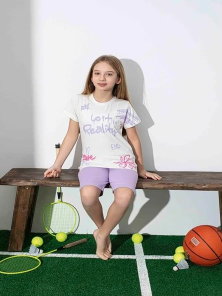 Kız Çocuk Desenli Lila Şortlu Pijama Takımı ürün görseli