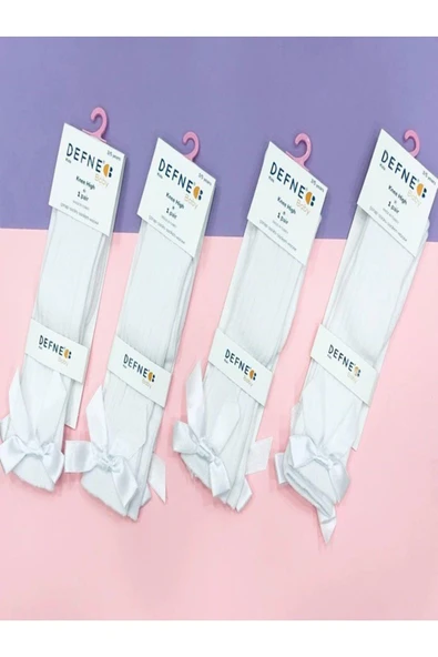 1 Adet Kız Çocuk  Beyaz Fiyonklu Deteylı Cizgili Desenli Dizaltı Çorabı ürün görseli 1