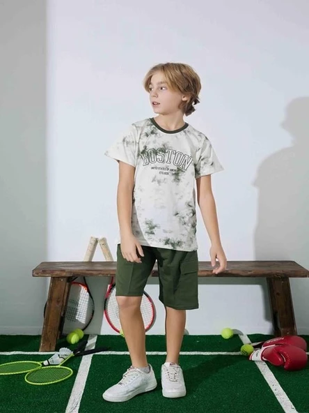 Erkek Çocuk  Yeşil Desenli Şortlu  Pijama Takımı - Resim 2