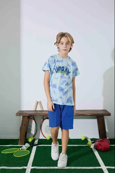Erkek Çocuk  Mavi Batik Desenli Şortlu  Pijama Takımı