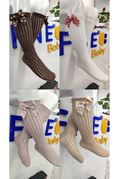 1 Adet Kız Çocuk Krem Puantiyeli Fiyonk Detaylı Desenli Dizaltı Çorabı