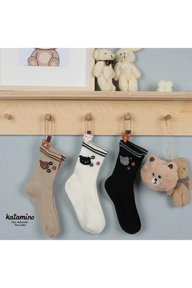 3 Adet Unısex Çocuk Panda Desenli Düğme Aksesuarlı Soket Çorap