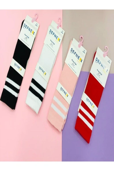 1 Adet Kız Çocuk Beyaz Cizgili  Kırmızı  Dizaltı Çorabı ürün görseli 1