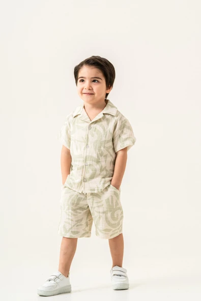 2'li Erkek Çocuk Yeşil Desenli Keten Şortlu Takım - Resim 3