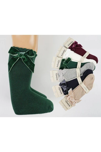 1 Adet Kız Çocuk Diz Altı Lacivert   Kadife Kurdeleli Çorap ürün görseli 1