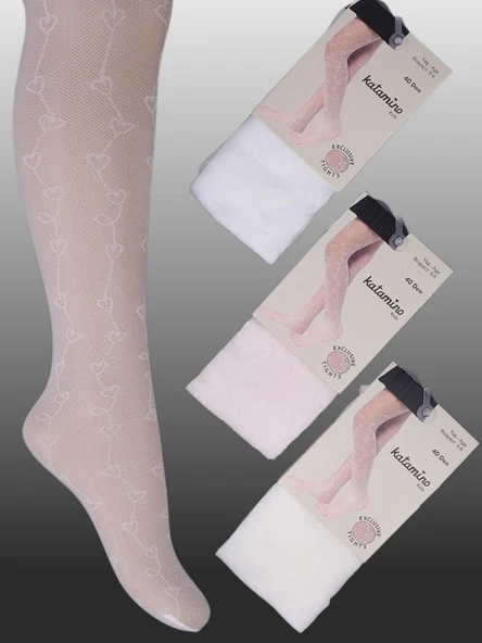 1'li Kız Çocuk İnce Kalp Desen Detaylı Külotlu Çorap Krem ürün görseli 1