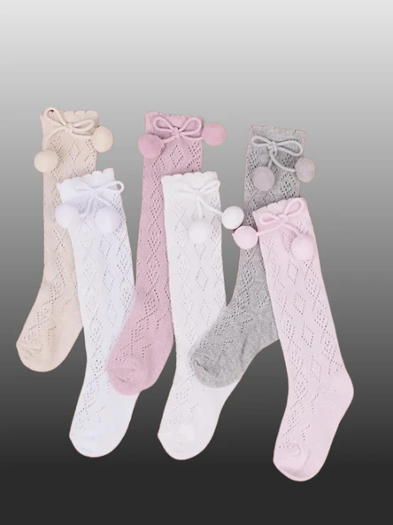 1'li Kız Bebek Pon Pon Kurdele Detaylı Dizaltı Çorap Gül Kurusu - Resim 3