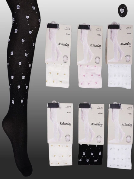 1Li Kız Çocuk  İnce 40 Den  Kalp Desenli Beyaz Külotlu Çorap ürün görseli 1