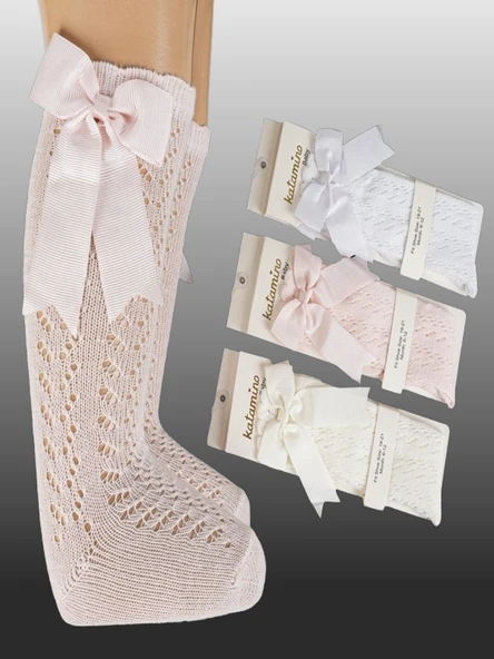 3'lü Kız Bebek Kurdele Detaylı Dizaltı Çorap ürün görseli