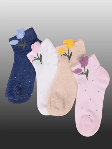 4'lü Kız Çocuk Çiçek Detaylı Patik Çorap - Resim 2