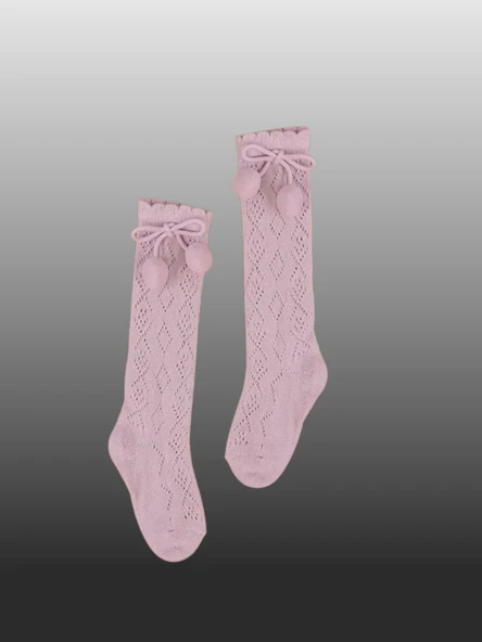 1'li Kız Bebek Pon Pon Kurdele Detaylı Dizaltı Çorap Gül Kurusu ürün görseli 1