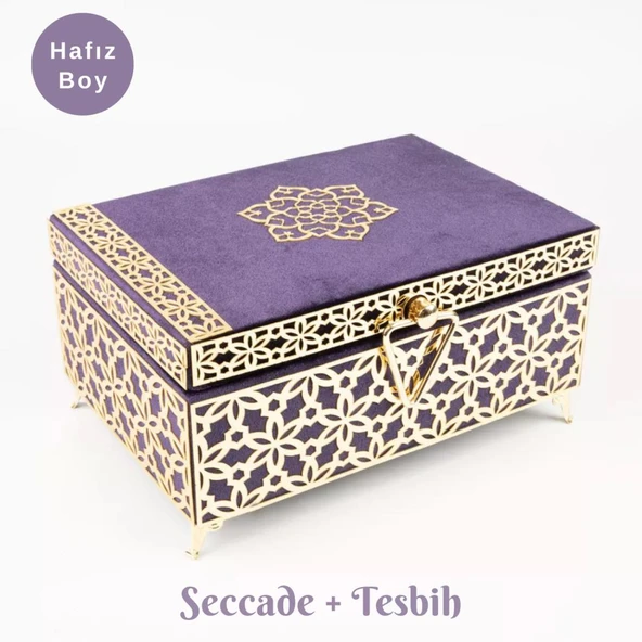 Desenli Kutu Çeyizlik, Seccade + Tesbih + Kuran Hediye Seti (Hafız Boy, Kadife, Mor, Elif-Vav)