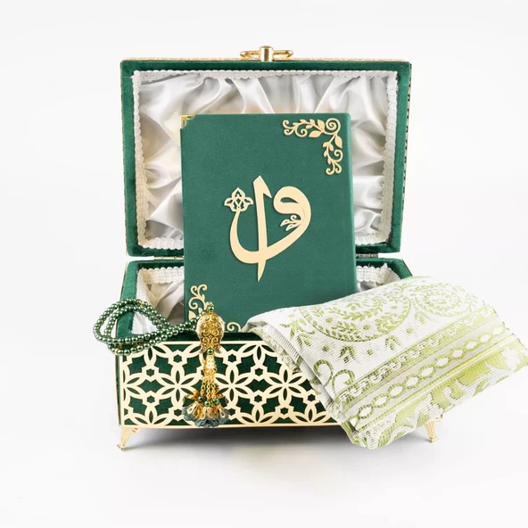 Desenli Kutu Çeyizlik, Seccade + Tesbih + Kuran Hediye Seti (Hafız Boy, Kadife, Yeşil, Elif-Vav) - 5