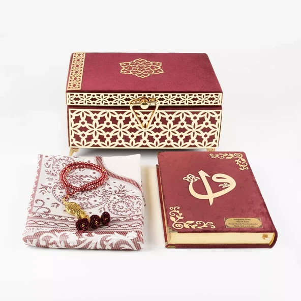 Desenli Kutu Çeyizlik, Seccade + Tesbih + Kuran Hediye Seti (Çanta Boy, Kadife, Bordo, Elif-Vav) - Resim 3