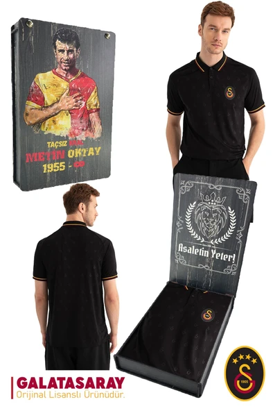Galatasaray Orijinal Match Day Polo Yaka Siyah T-Shirt Metin Oktay Baskılı Hediyelik Ahşap Kutulu