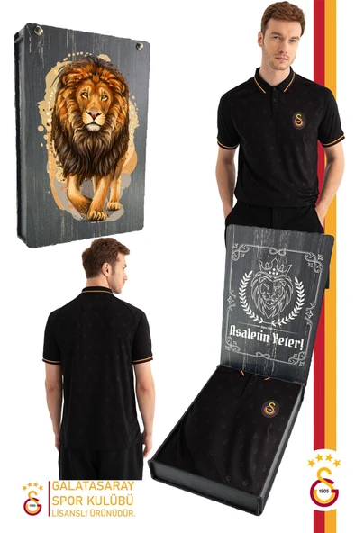 Galatasaray Orijinal  Match Day Polo Yaka Siyah T-Shirt Gs Aslan Baskılı Hediyelik Ahşap Kutulu