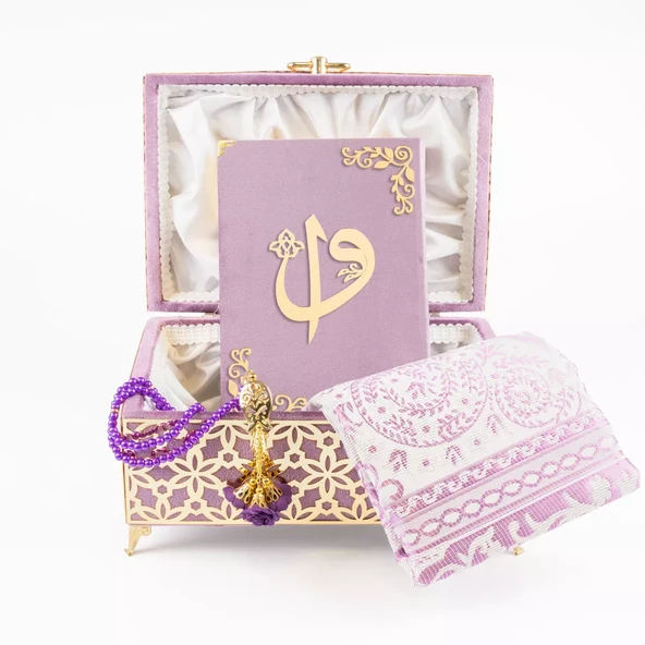 Desenli Kutu Çeyizlik, Seccade + Tesbih + Kuran Hediye Seti (Hafız Boy, Kadife, Lila, Elif-Vav) - 3