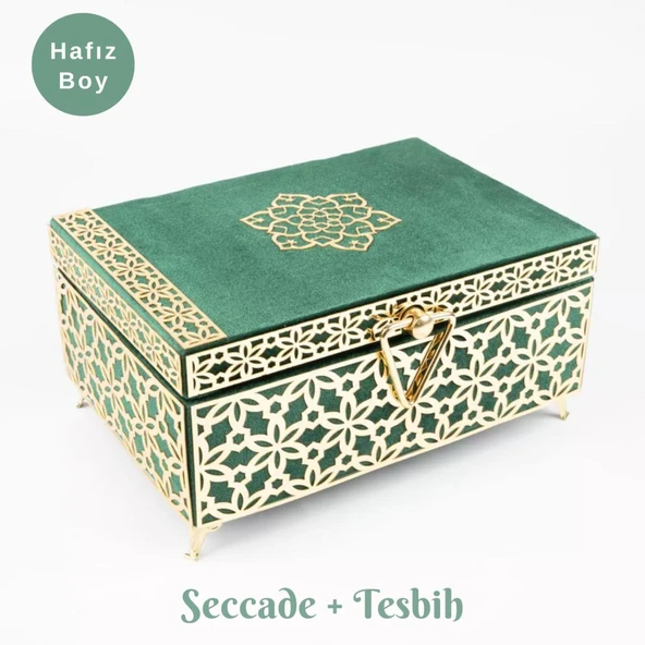 Desenli Kutu Çeyizlik, Seccade + Tesbih + Kuran Hediye Seti (Hafız Boy, Kadife, Yeşil, Elif-Vav)
