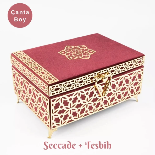Desenli Kutu Çeyizlik, Seccade + Tesbih + Kuran Hediye Seti (Çanta Boy, Kadife, Bordo, Elif-Vav) ürün görseli 1