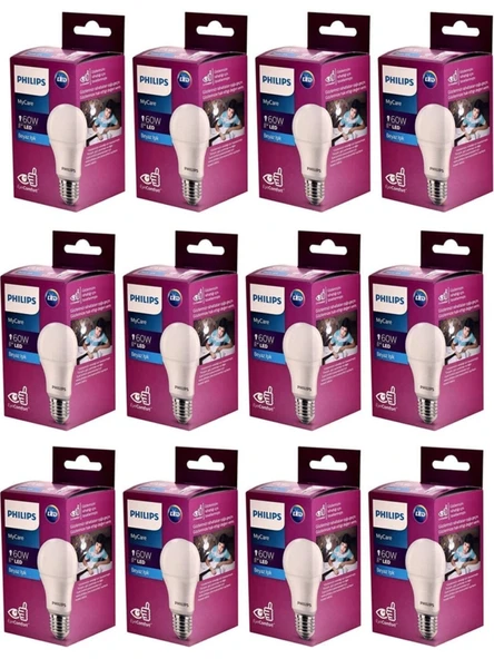 Philips Mycare LEDPhilips Mycare LED Lamba 8W - 60W E27 Duy 6500K Beyaz Işık (12 Li Paket)