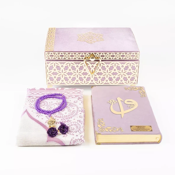 Desenli Kutu Çeyizlik, Seccade + Tesbih + Kuran Hediye Seti (Hafız Boy, Kadife, Lila, Elif-Vav) - 2