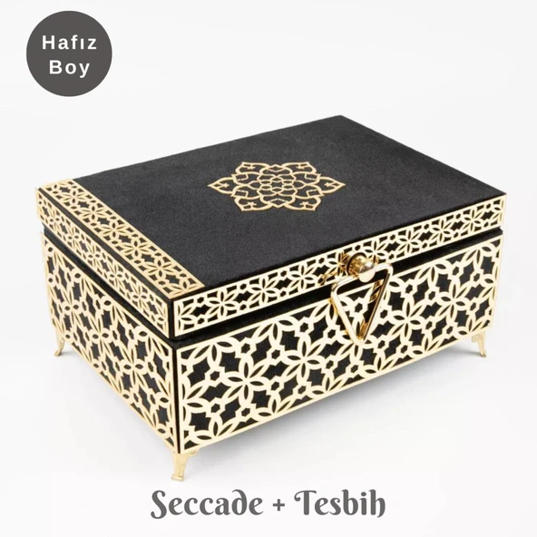 Desenli Kutu Çeyizlik, Seccade + Tesbih + Kuran Hediye Seti (Hafız Boy, Kadife, Siyah, Elif-Vav)