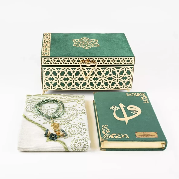 Desenli Kutu Çeyizlik, Seccade + Tesbih + Kuran Hediye Seti (Hafız Boy, Kadife, Yeşil, Elif-Vav) - 3