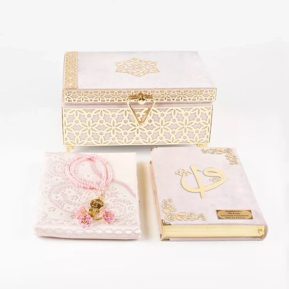Desenli Kutu Çeyizlik, Seccade + Tesbih + Kuran Hediye Seti (Hafız Boy, P.Pembe, Elif-Vav) - 3