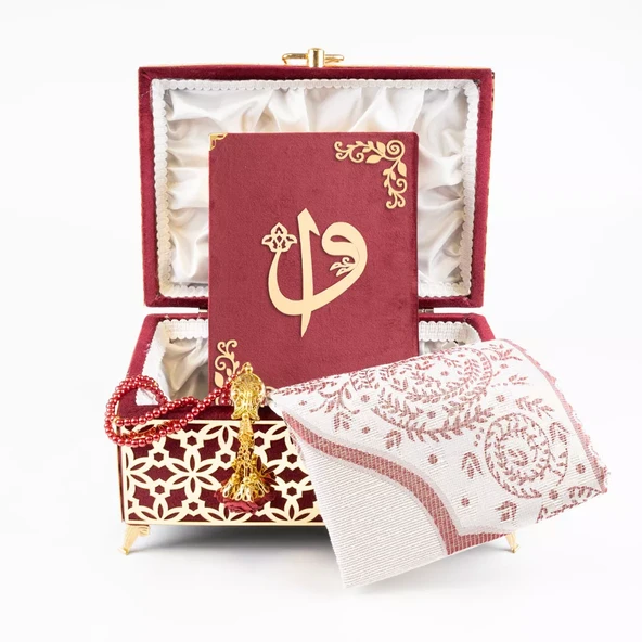 Desenli Kutu Çeyizlik, Seccade + Tesbih + Kuran Hediye Seti (Çanta Boy, Kadife, Bordo, Elif-Vav) - Resim 5