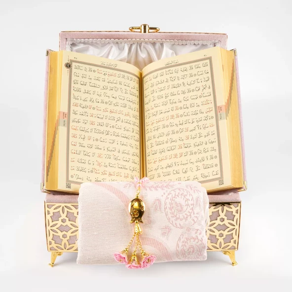 Desenli Kutu Çeyizlik, Seccade + Tesbih + Kuran Hediye Seti (Hafız Boy, P.Pembe, Elif-Vav) - 4