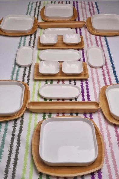 Atbyhome Natural Touch 6 Kişilik 25 Parça Seramik ve Bambu Kahvaltı Takımı Lüks Kahvaltılık Sunum Seti