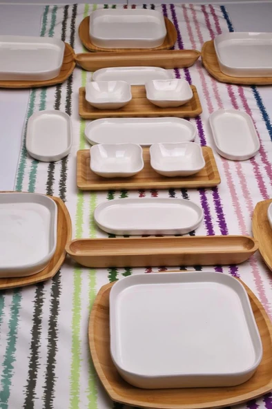 Atbyhome Natural Touch 6 Kişilik 25 Parça Seramik ve Bambu Kahvaltı Takımı Lüks Kahvaltılık Sunum Seti - 2