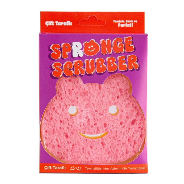 Everklean Spronge Scrubber Ayıcık Figürlü Çift Yüzeyli Bulaşık Süngeri Temizlik Süngeri Pembe 10x10