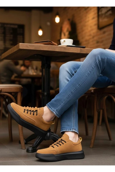 ET0332 Merdiven Desen Bağcıklı Erkek Yüksek Taban Taba Süet Siyah Taban Spor Ayakkabı - Resim 3