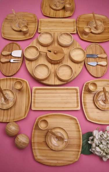 Atbyhome Natural Collection 6 Kişilik 50 Parça Seramik ve Bambu Kahvaltı Takımı Lüks Kahvaltılık Sunum Seti - 1