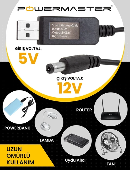 Usb To Dc 5.5,2.5mm Standart  Uçlu, 12 Volt  1 Amper 5 Volt To 12 Volt Çevirici Adaptör - Resim 2