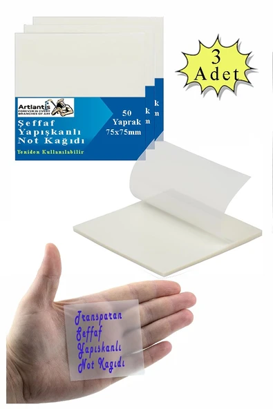 Yapışkanlı Şeffaf Not Kağıdı 50 Yaprak 3 Paket Kare Transparan Postit 75x75mm Yarı Saydam İşaretleyici Aydınger Not ürün görseli