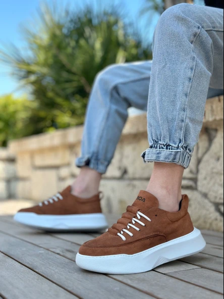 ET0332 Merdiven Desen Bağcıklı Erkek Yüksek Taban Taba Süet Beyaz Taban Spor Ayakkabı - Resim 3