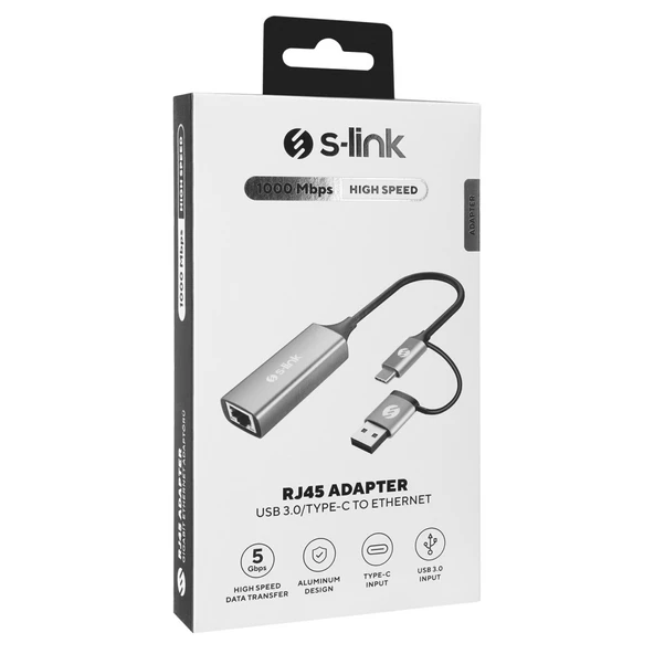 S-link SWV-USBC029 Gri Metal Type-C + USB3.0 Çeviricili 10/100/1000Mbps Adaptör, USB3.0 Ethernet Çevirici, Type C Ethernet Çevirici - 3