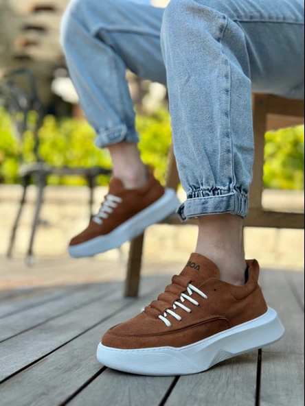 ET0332 Merdiven Desen Bağcıklı Erkek Yüksek Taban Taba Süet Beyaz Taban Spor Ayakkabı - Resim 2