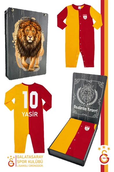 Galatasaray Orijinal Lisanslı Uzun Kol Bebek Tulum Aslan Baskılı Ahşap Kutulu
