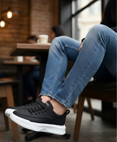 ET0332 Merdiven Desen Bağcıklı Erkek Yüksek Taban Siyah Cilt Beyaz Taban Spor Ayakkabı - Resim 3