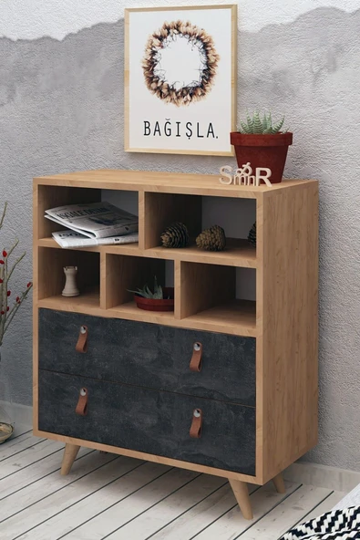 FUHO Beggu 2 Çekmeceli Şifonyer Safir Meşe-Koyu Beton - 2