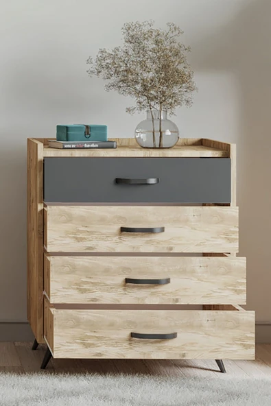 FUHO İda 4 Çekmeceli Şifonyer Atlantik Çam-antrasit - Resim 2