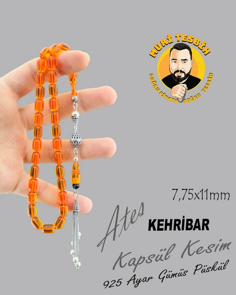925 AYAR GÜMÜŞ PÜSKÜLLÜ ATEŞ KEHRİBAR KAPSÜL KESİM 7,75X11 - 4